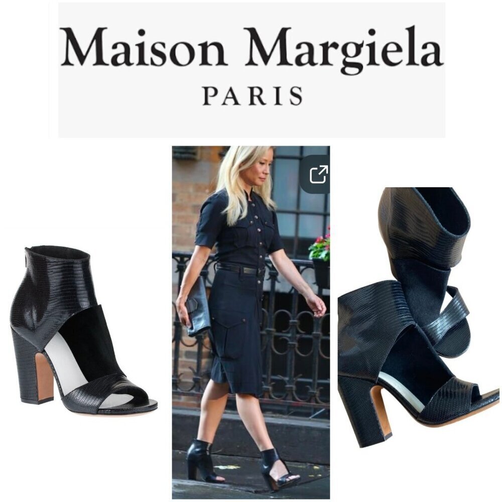 Maison Martin Margiela Black Lizard Embossed Ankle Heels Size 39 US 8.5 Open Toe